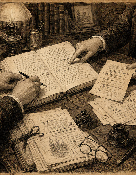 A vintage engraving of two people reviewing a handwritten manuscript together at a desk, one pointing to the page and one making notes